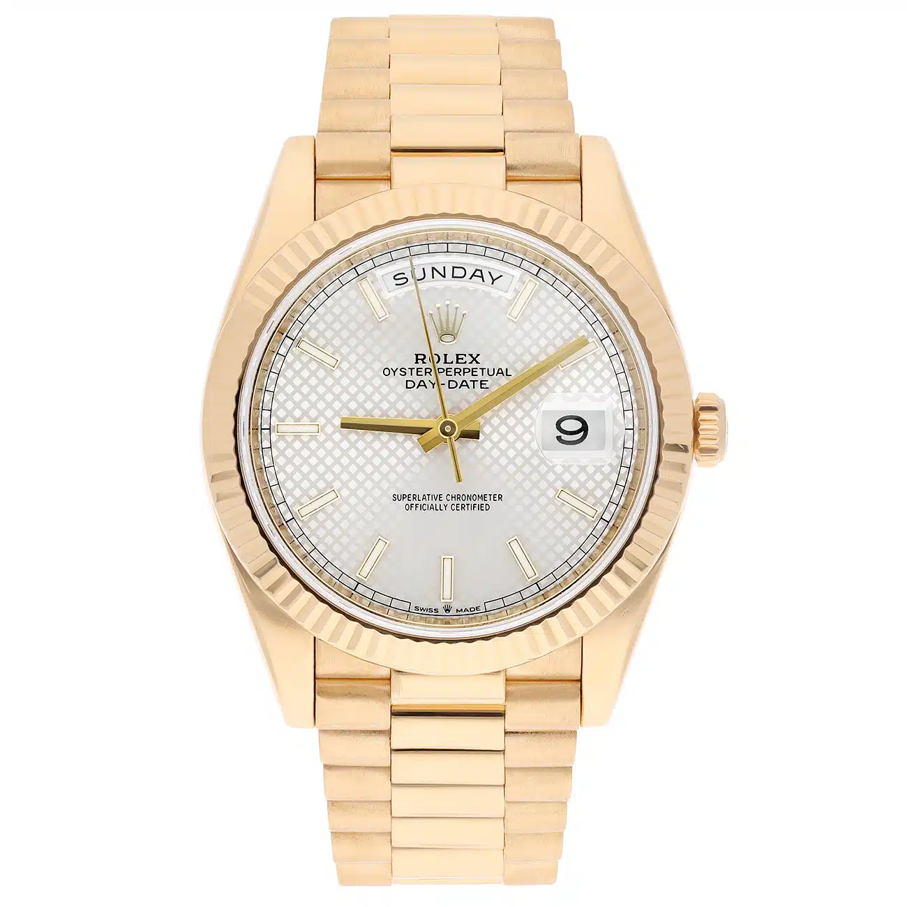 Rolex Day-Date 40 228238-0008 Silver Diagonal Motif Stick Dial Fluted Bezel Yellow Gold Watch