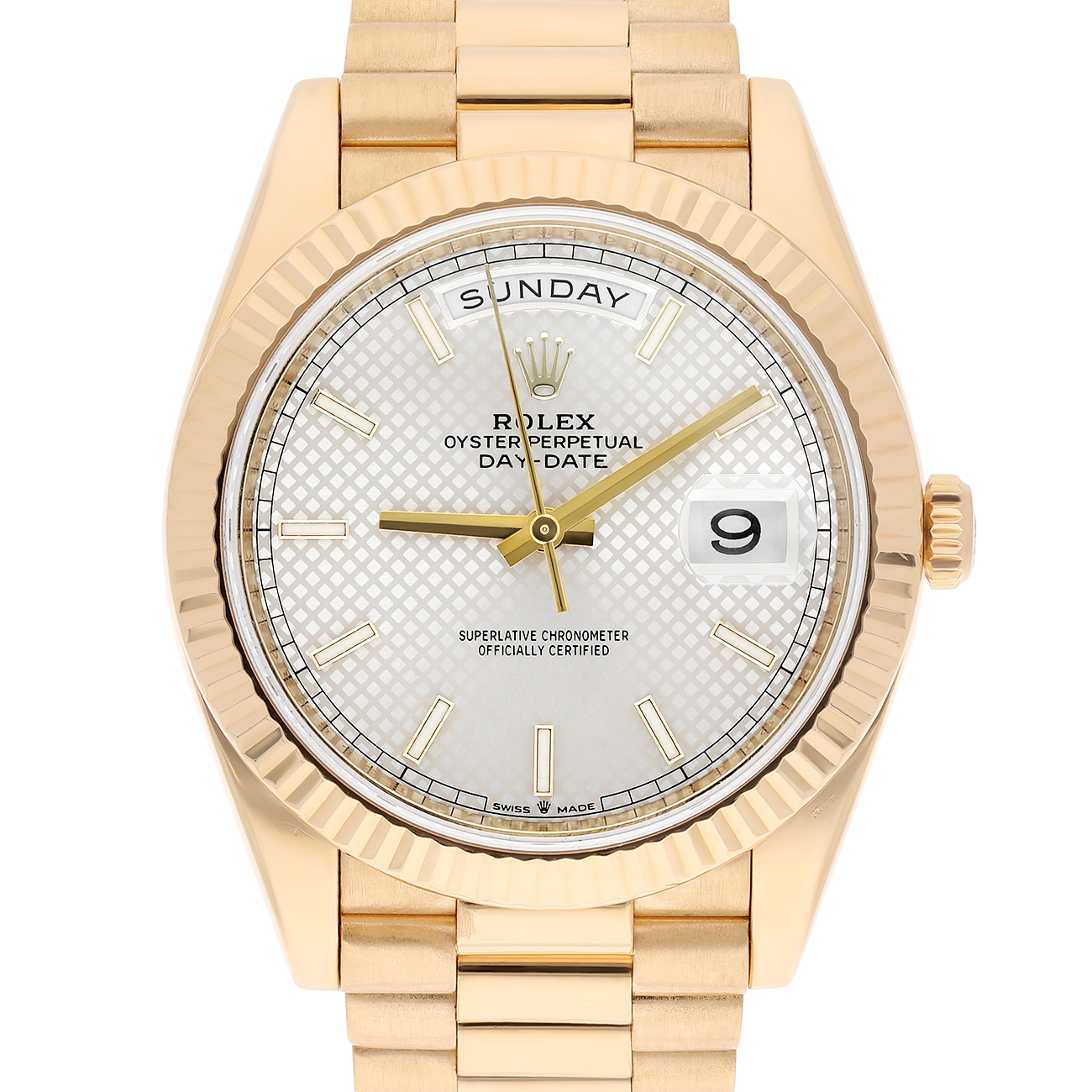 Rolex Day-Date 40 Silver Diagonal Motif Stick Dial Fluted Bezel Yellow Gold Watch