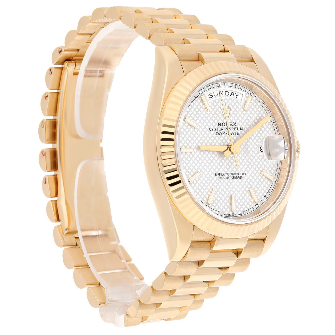 Rolex Day-Date 40 Silver Diagonal Motif Stick Dial Fluted Bezel Yellow Gold Watch