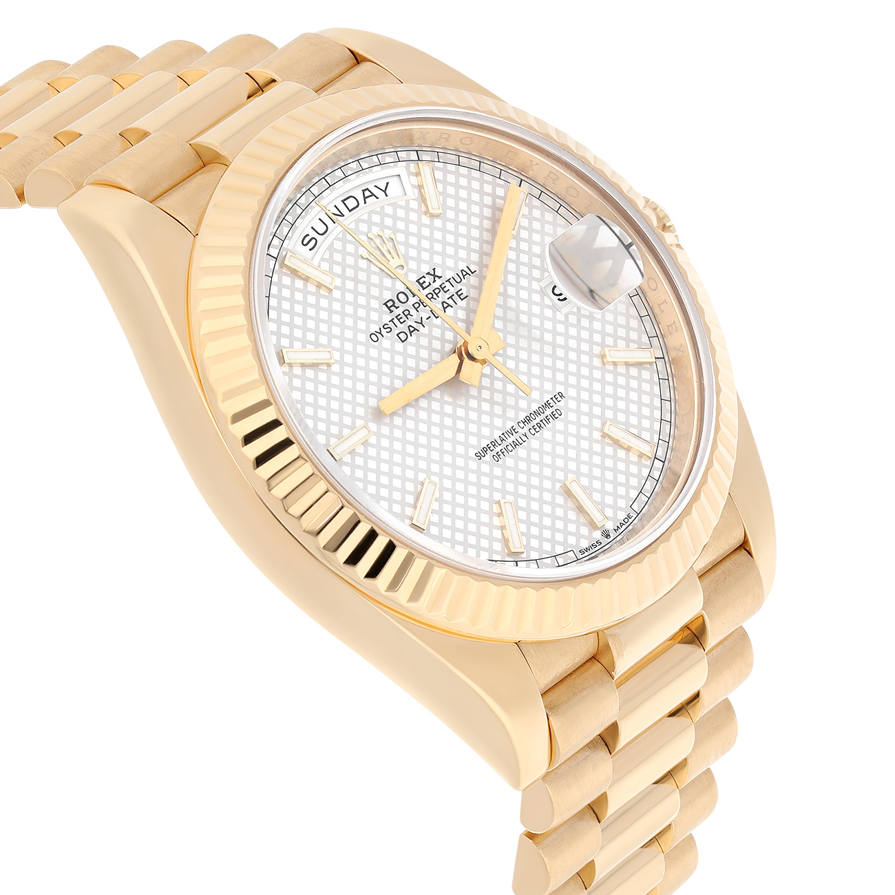 Rolex Day-Date 40 Silver Diagonal Motif Stick Dial Fluted Bezel Yellow Gold Watch
