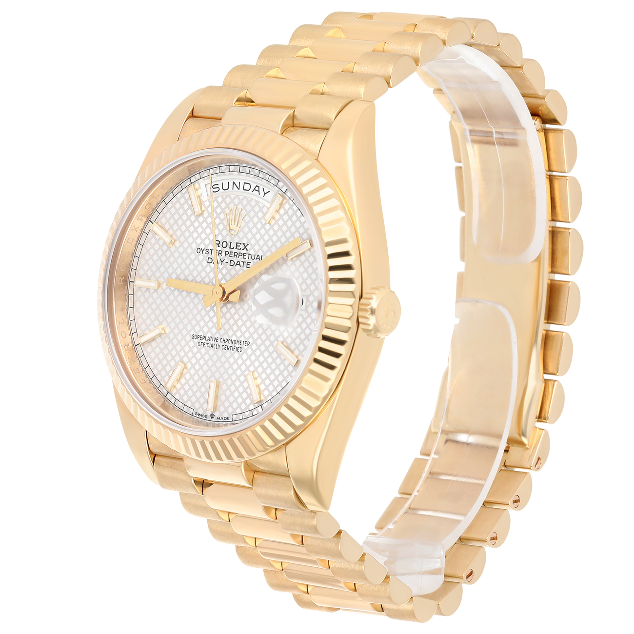 Rolex Day-Date 40 Silver Diagonal Motif Stick Dial Fluted Bezel Yellow Gold Watch