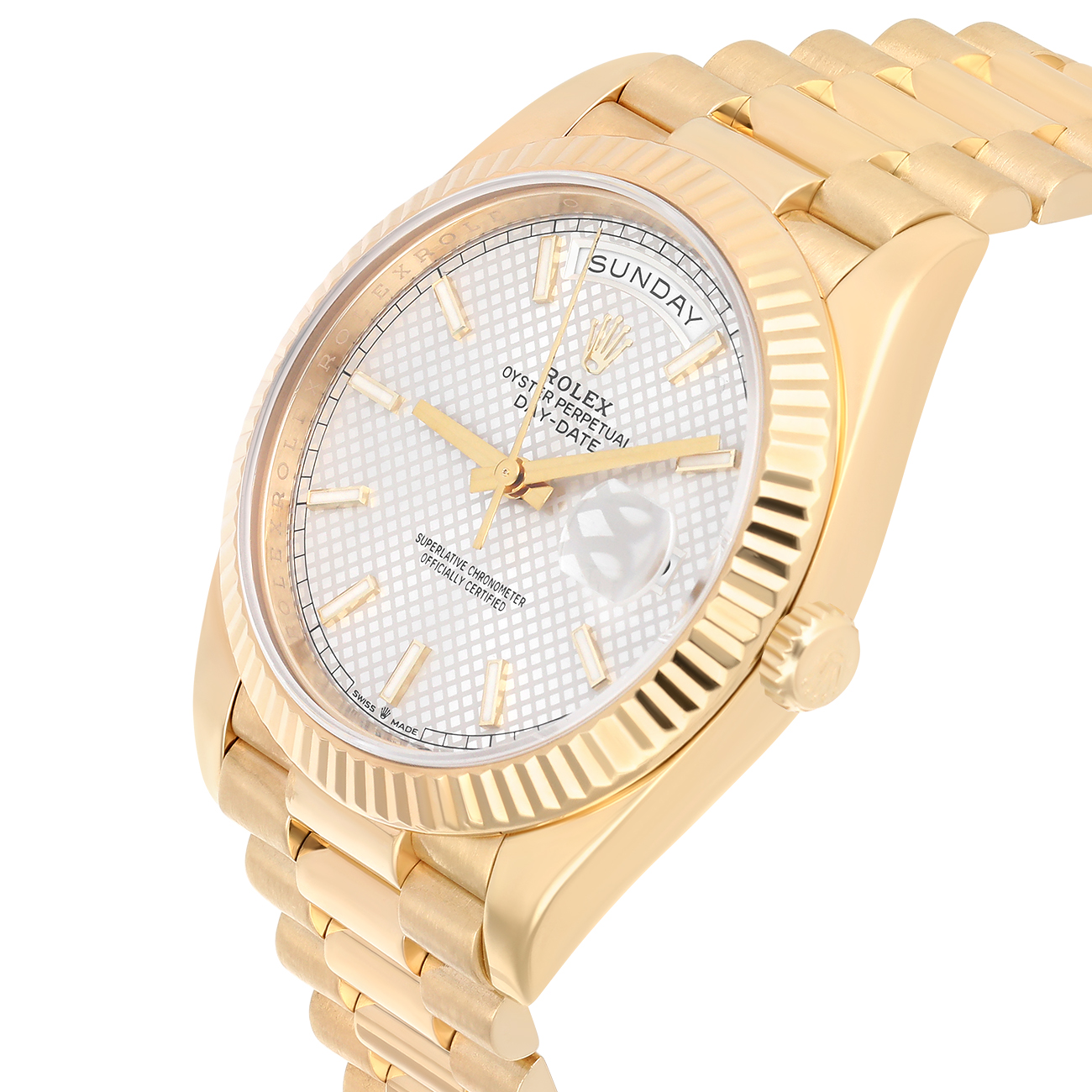 Rolex Day-Date 40 Silver Diagonal Motif Stick Dial Fluted Bezel Yellow Gold Watch