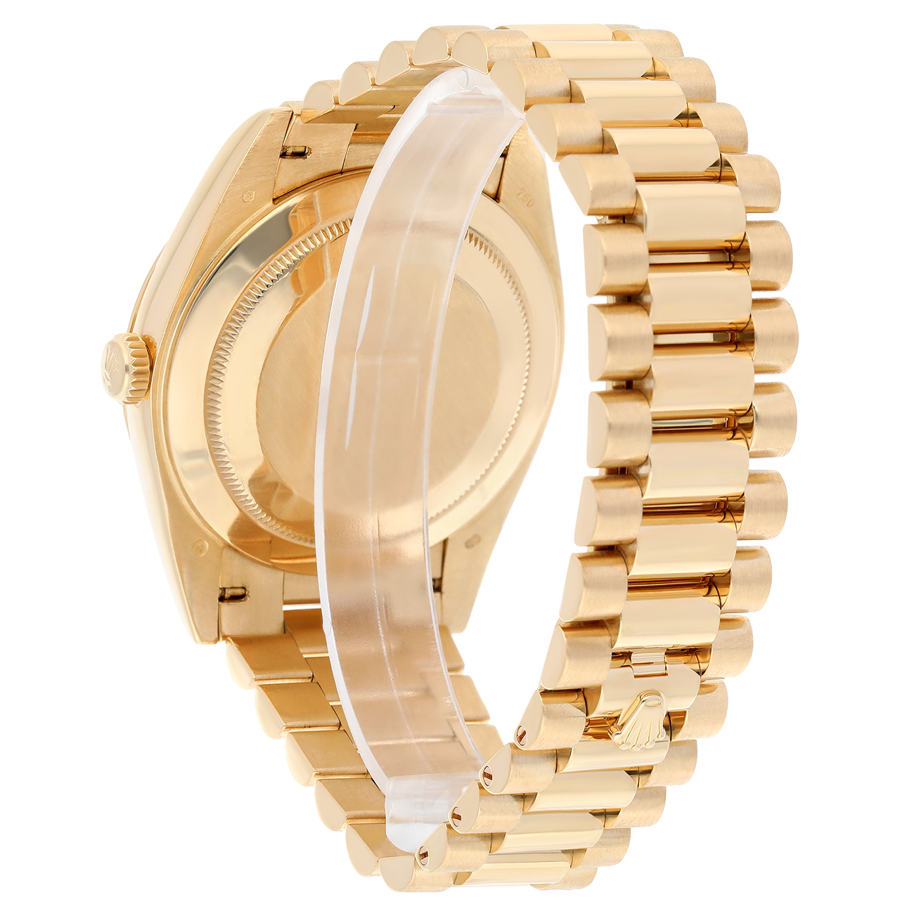Rolex Day-Date 40 Silver Diagonal Motif Stick Dial Fluted Bezel Yellow Gold Watch