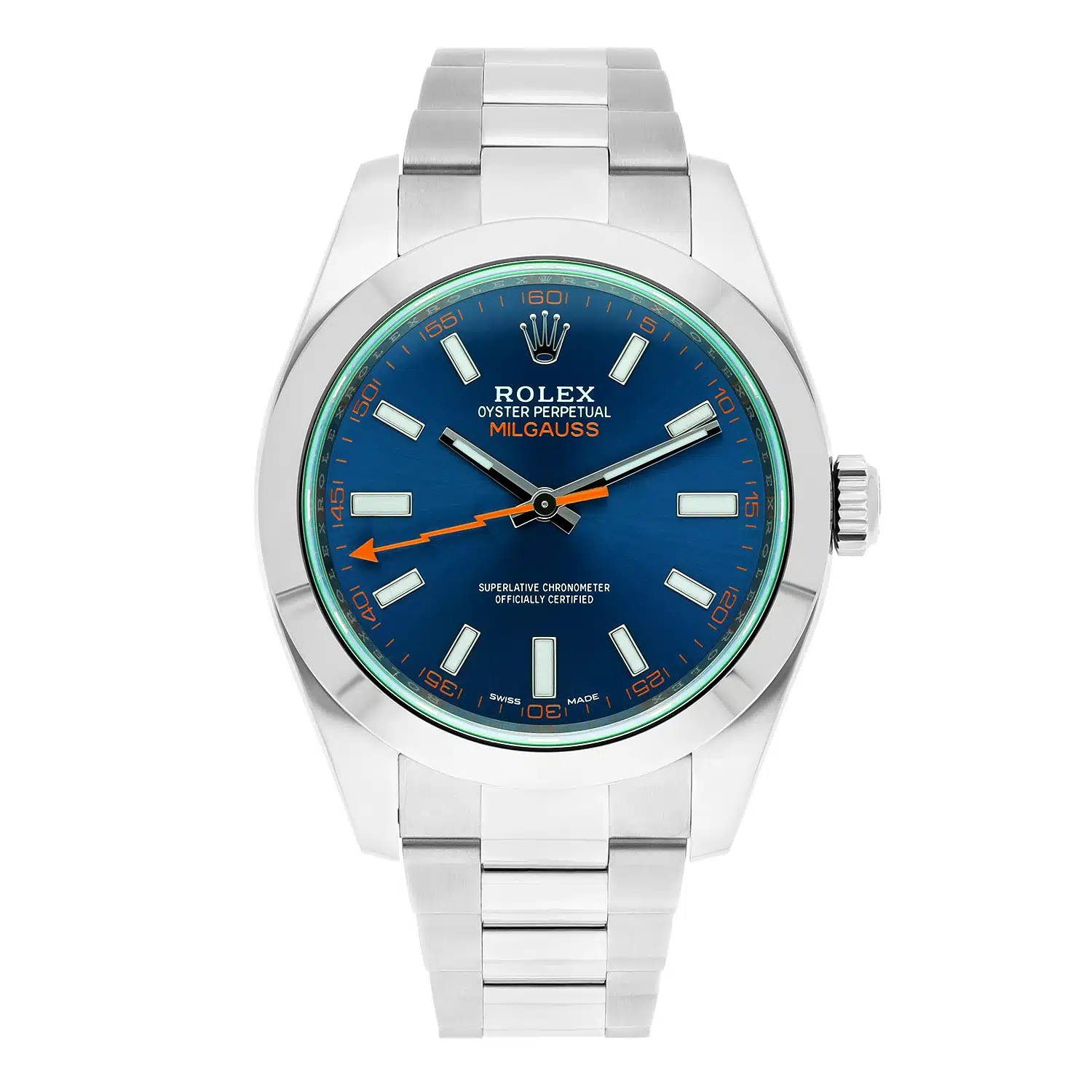 Rolex Milgauss 116400 Blue Dial Orange Hand 40mm Stainless Steel Watch 2021