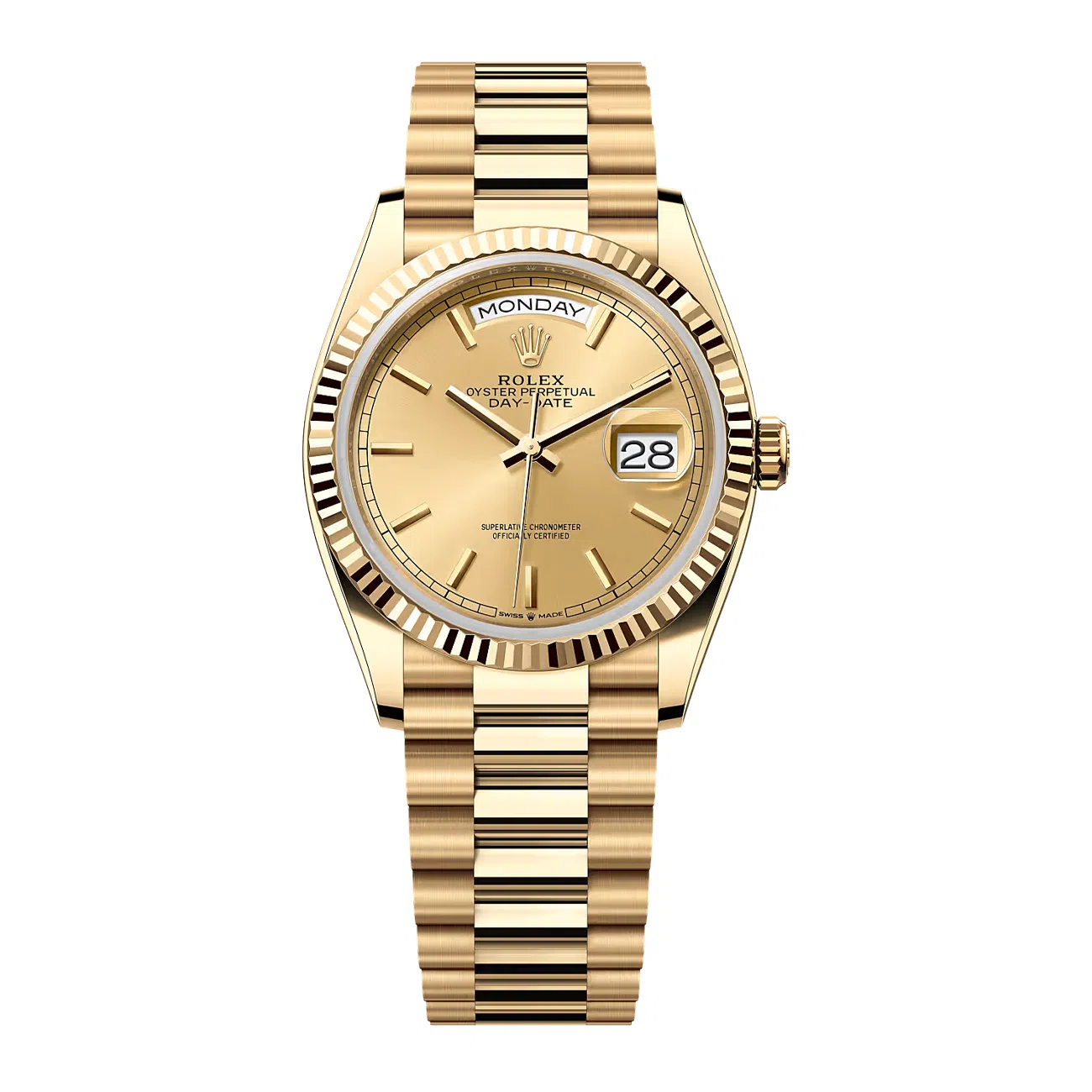 Rolex Day-Date 36mm 128238-0045 President Yellow Gold Watch Champagne Index Dial