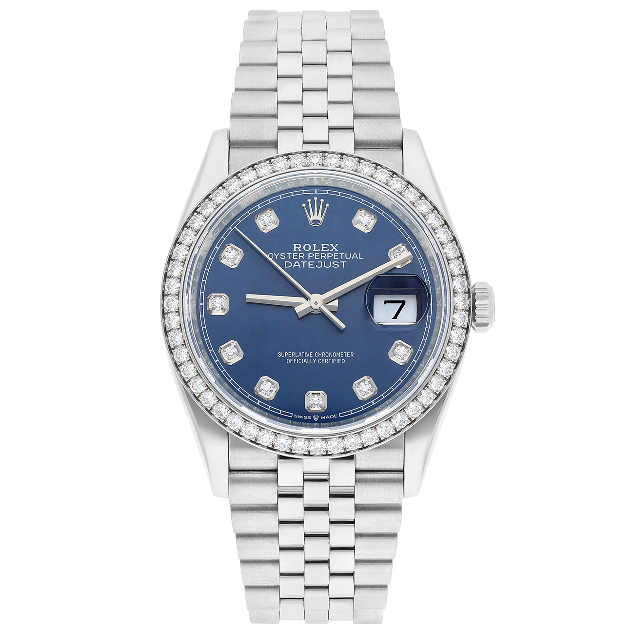 Rolex Datejust 126284rbr-0029 Bright Blue Diamond Dial 36 MM Diamond bezel Jubilee Bracelet StainlessSteel Watch