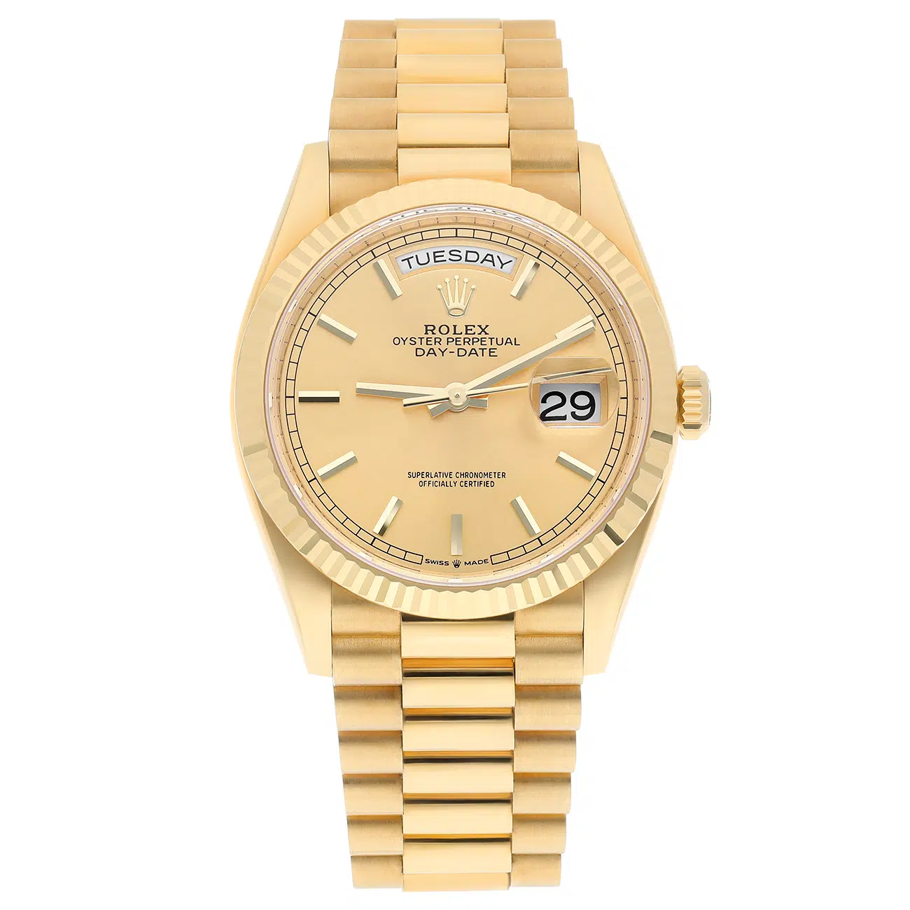 Rolex Day-Date 36mm 128238-0045 President Yellow Gold Watch Champagne Index Dial – image 2