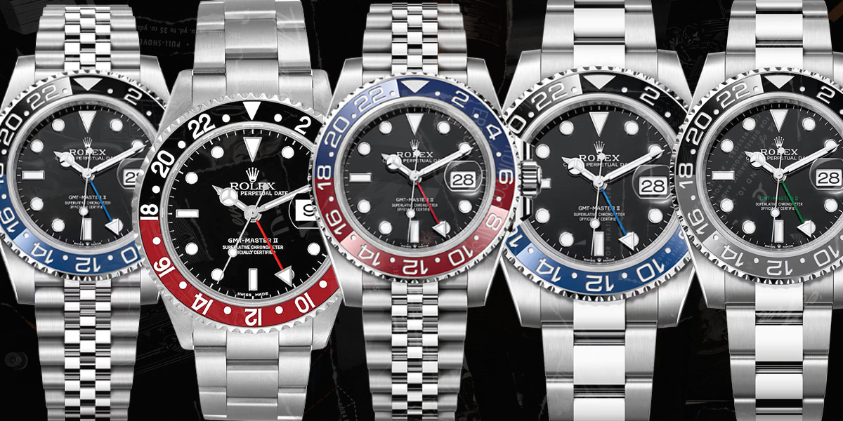 Various Rolex GMT-Master II watches displayed