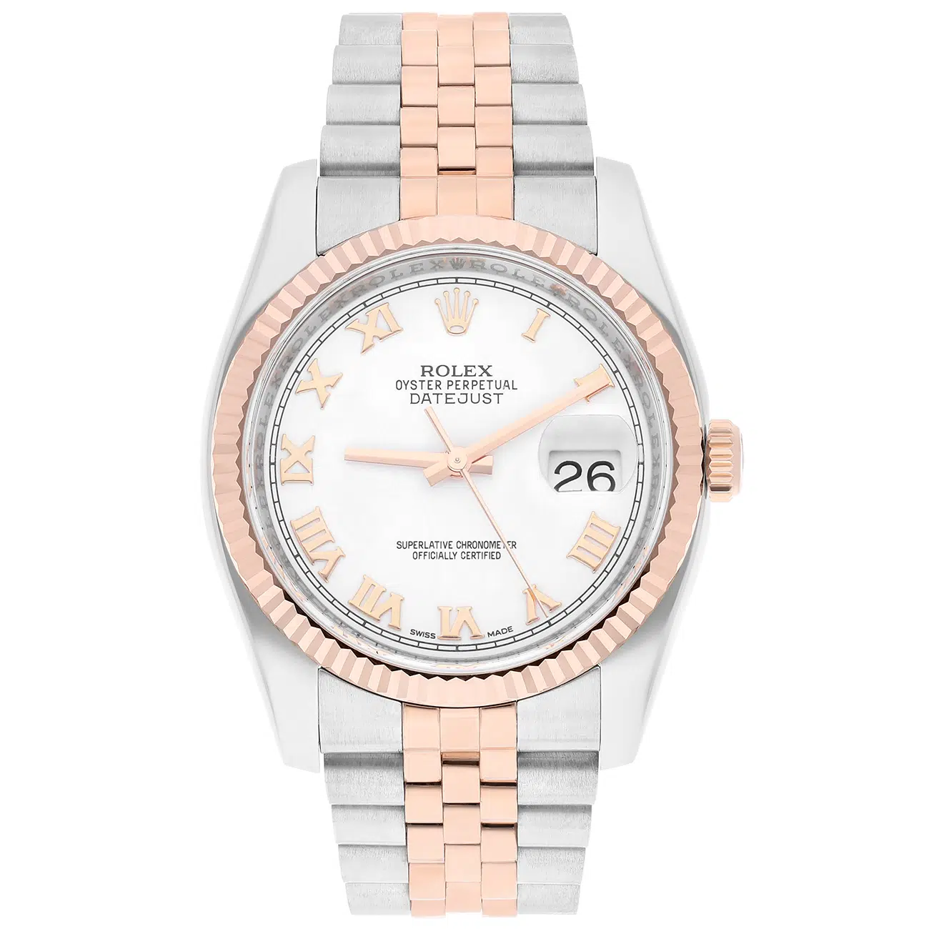 Rolex Datejust 116231 36mm White Roman Dial Jubilee Bracelet Stainless Steel Rose Gold Watch