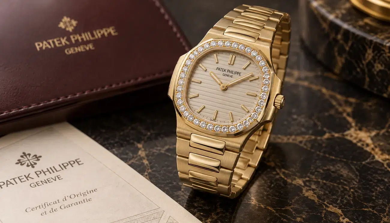 Gold Patek Philippe Nautilus 4700 watch with diamond bezel displayed with certificate and leather case on marble surface.