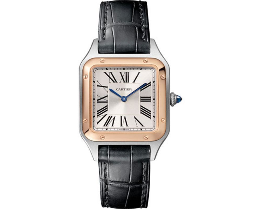 Cartier Santos-Dumont 38 mm Rose Gold Bezel And Steel Case Silver Dial Black Strap Watch Cartier Santos-Dumont 38 mm Rose Gold Bezel And Steel Case Silver Dial Black Strap Watch