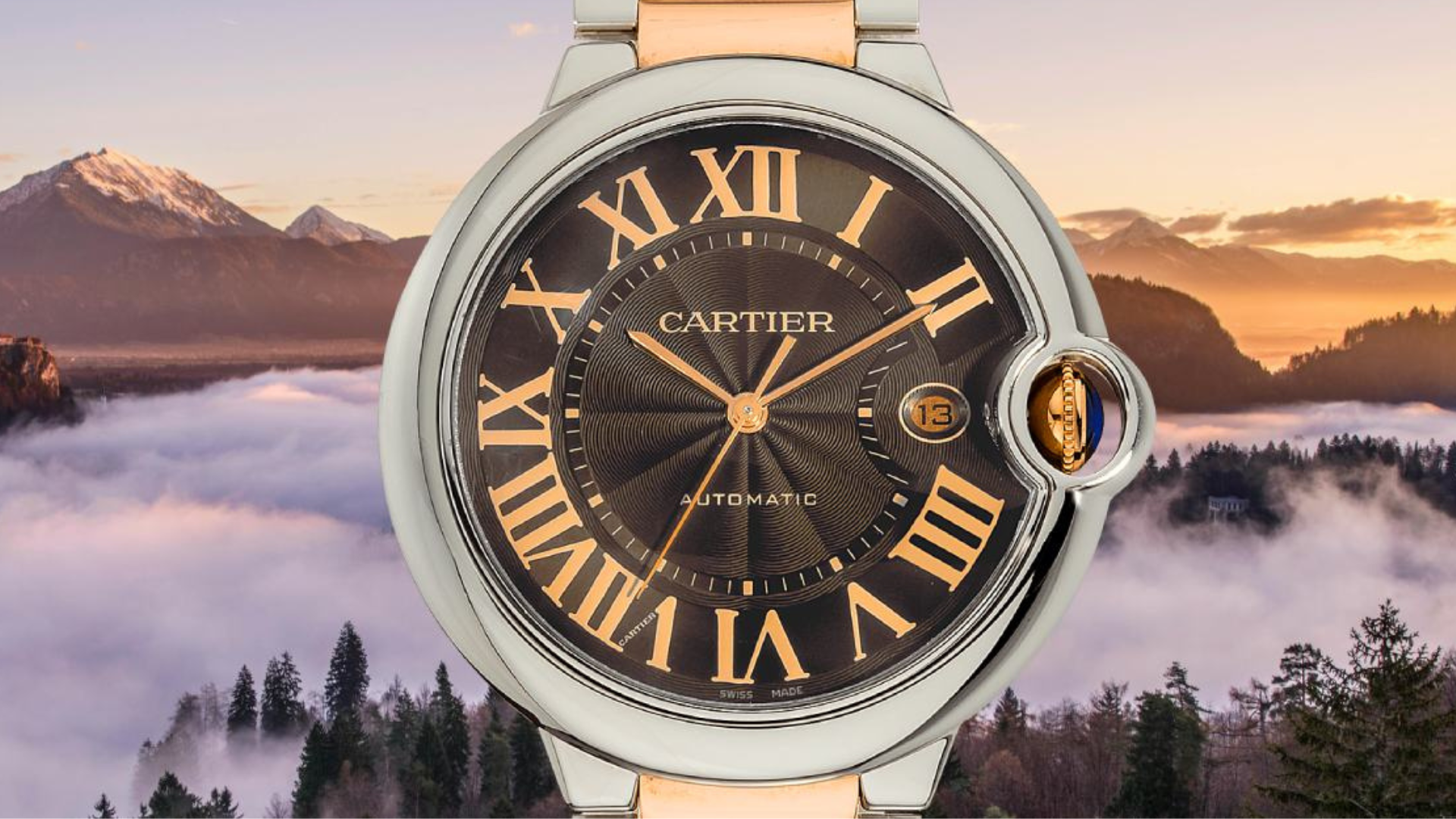 Cartier Ballon Bleu With A Black Dial and Golden Roman Numbers Cartier Ballon Bleu On a BackGround With Mountains