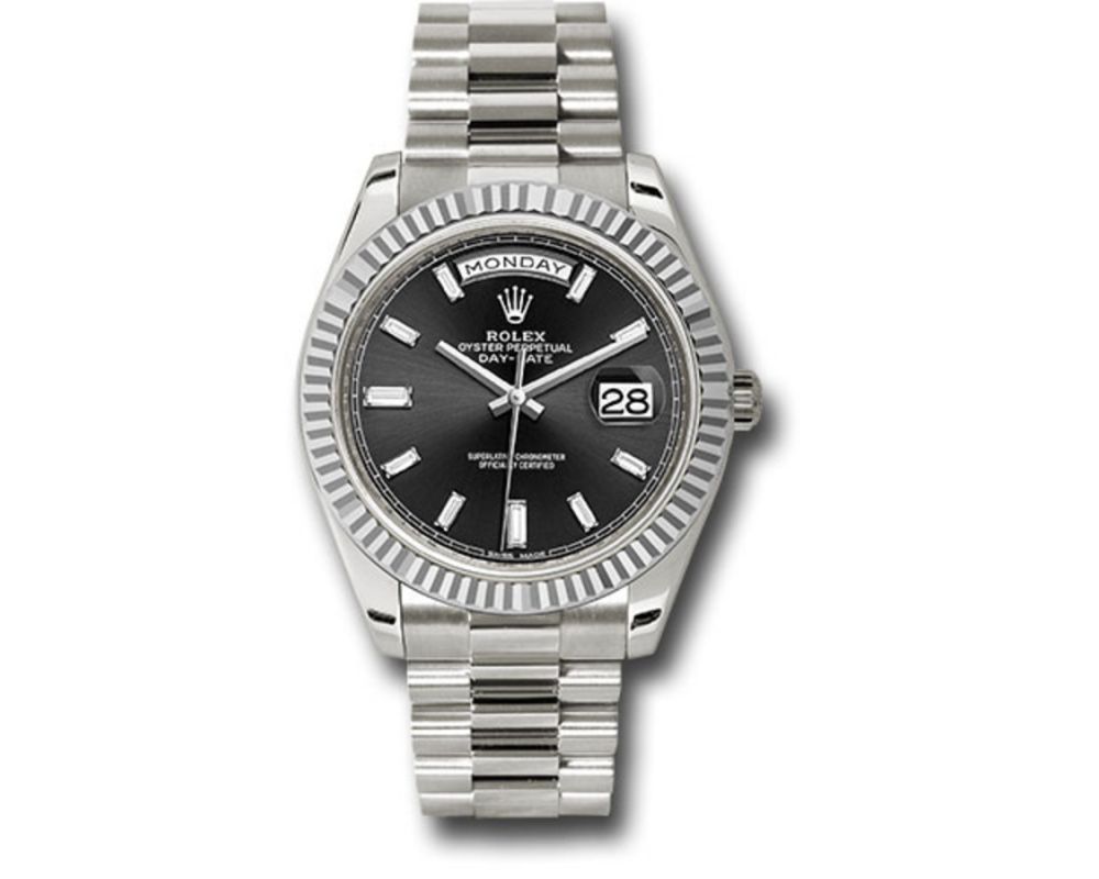 Rolex 228239 White Gold Day-Date 40 Watch Fluted Bezel Black Baguette Diamond Dial President Bracelet 2024