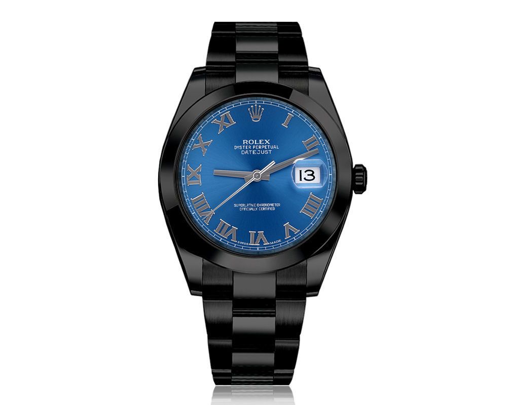 Rolex 41mm Datejust Black PVD/DLC Watch Oyster Band Blue Dial
